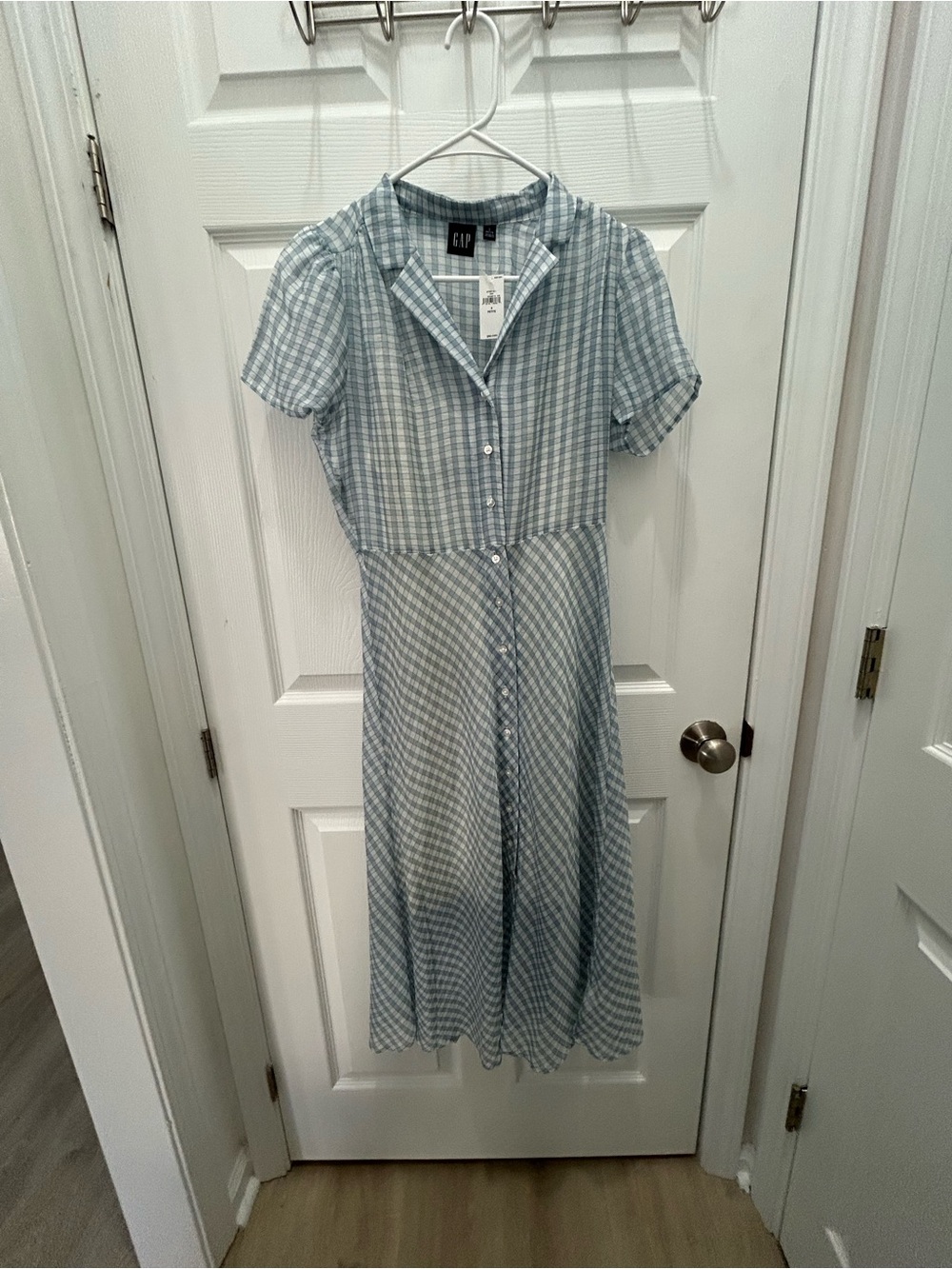 GAP Light Blue Gingham Button-Front Sheer Midi Dress